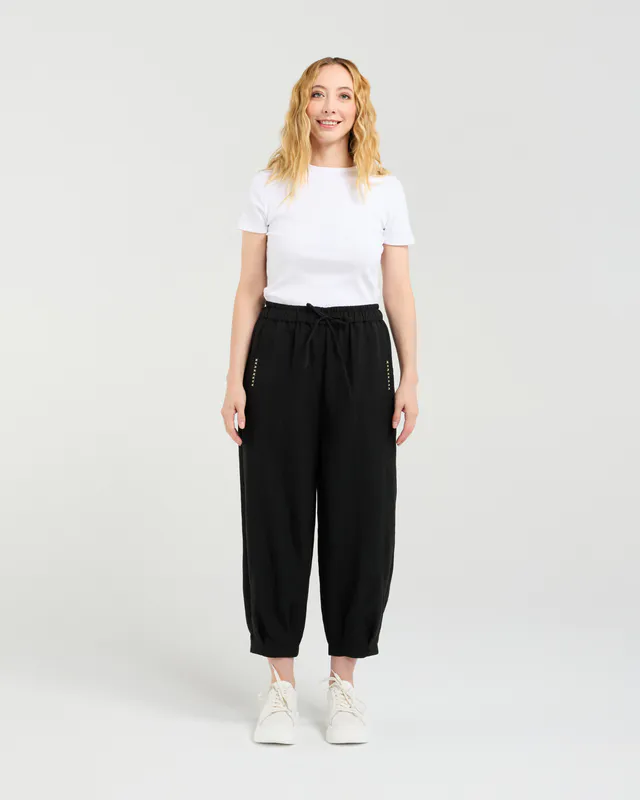Model wearing Black Nova Pant By Seduce Available at Beetees Nelson