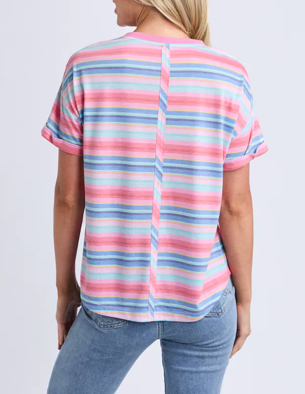 Model wearing Multi Stripe Icecream Tee By Elm Available at Beetees Nelson