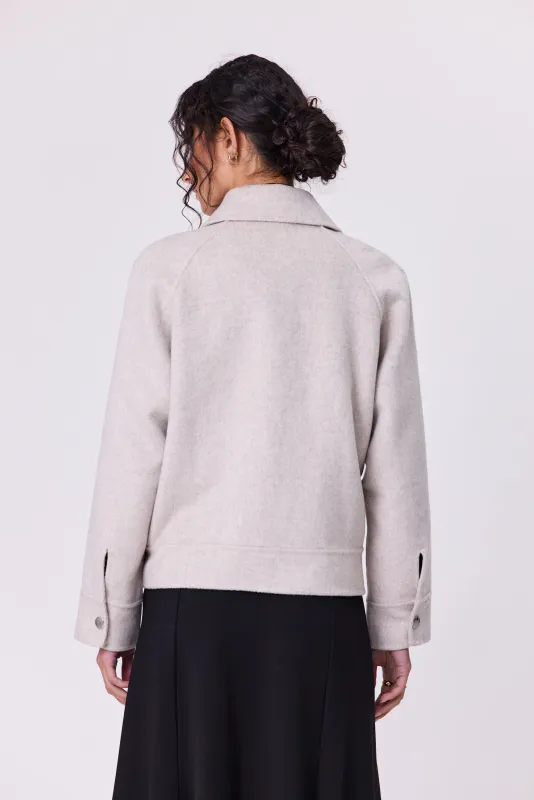 Model wearing Grey Marl Ness Wool Jacket By Navy & Co. Available at Beetees Nelson