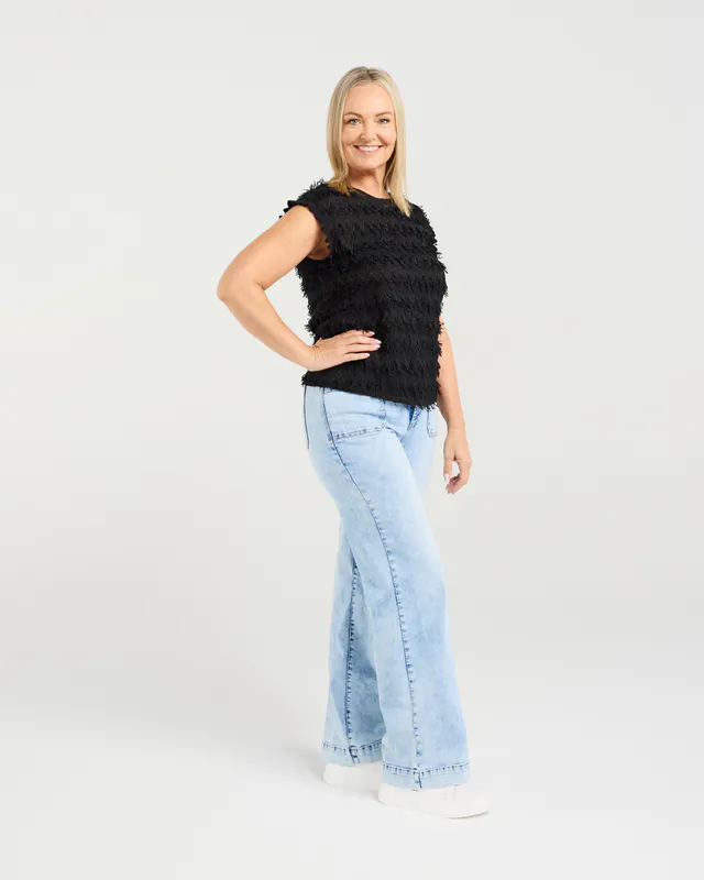 Model wearing Black Tassel Charlotte Top By Zafina Available at Beetees Nelson