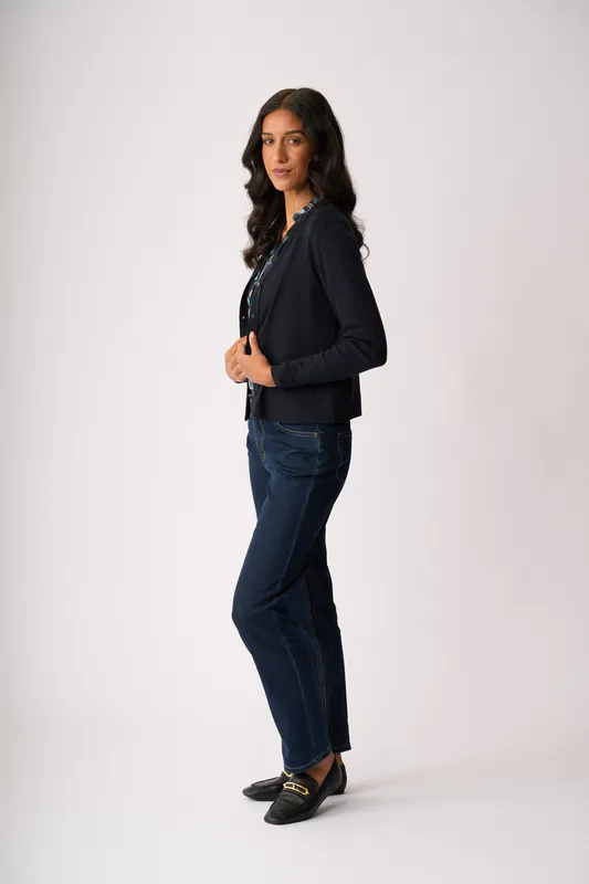 Model wearing True Navy Ewe Two Cardigan By Foil Available at Beetees Nelson