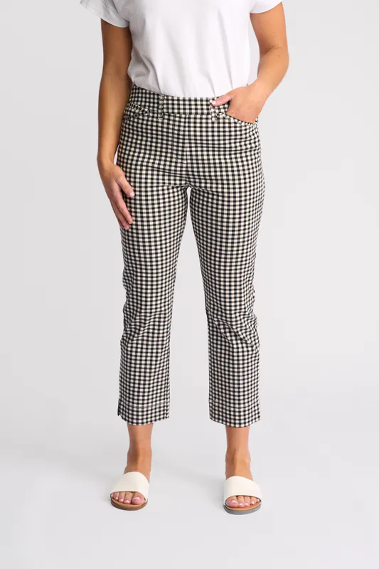 Model wearing Black Gingham Tint Pull On Available at Beetees Nelson