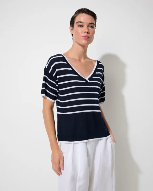Model wearing Ink/White Two Way Stripe Knit By Marco Polo Available at Beetees Nelson