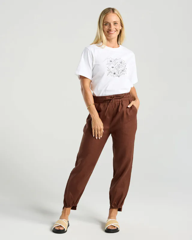 Model wearing Chocolate Carmen Pant By Blackstone Available at Beetees Nelson