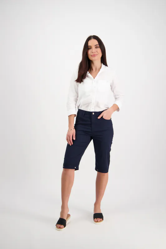 Model wearing Navy Poplin Straight Leg Short By Vassalli Available at Beetees Nelson