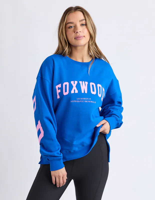 Model wearing Navy/Peach Interval Crew By Foxwood Available at Beetees Nelson