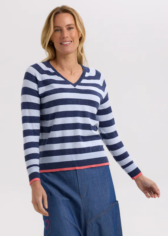 Model wearing Denim Essential Stripe V Crew By Zaket & Plover Available at Beetees Nelson