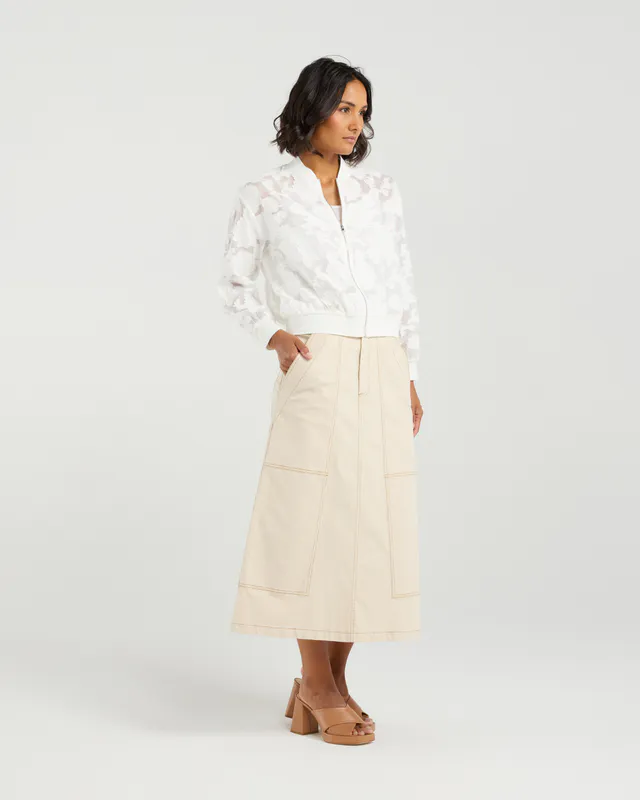 Model wearing Ivory Florals Skylar Bomber By Et Alia Available at Beetees Nelson