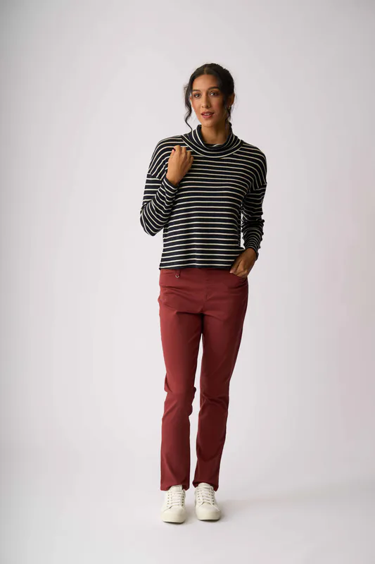 Model wearing True Navy Stripe Cowl Neck Jumper By Foil ( Only Available in Midnight Green, Tomato Colour)