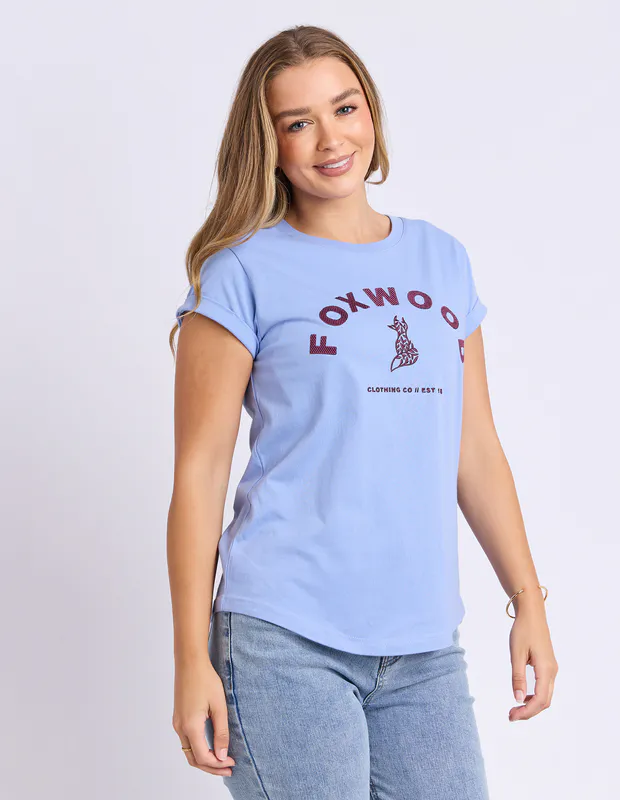 Model wearing Cornflower Blue Effortless Contrast Tee By Foxwood Available at Beetees Nelson