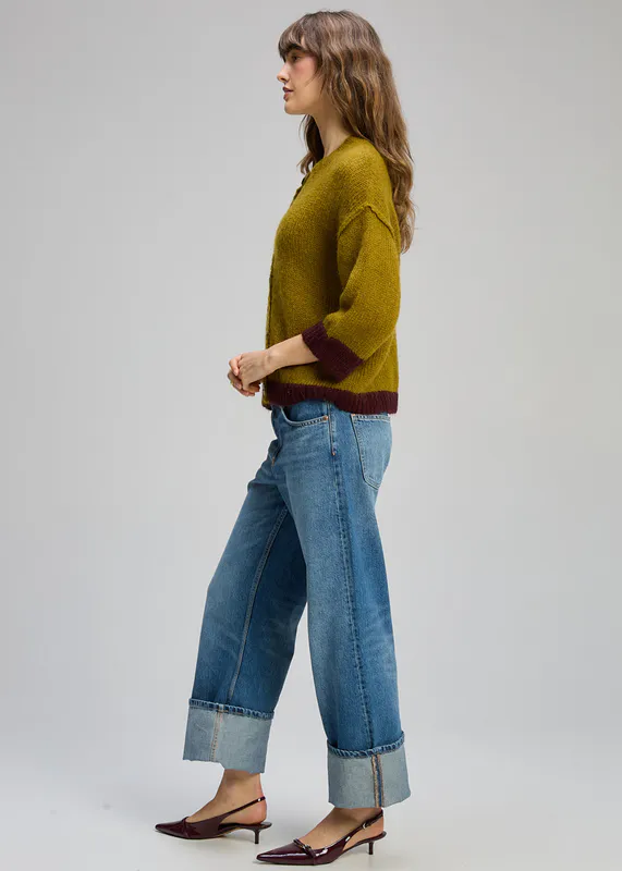 Model wearing Chartreuse Kid Mohair Cardi By Zaket & Plover Available at Beetees Nelson