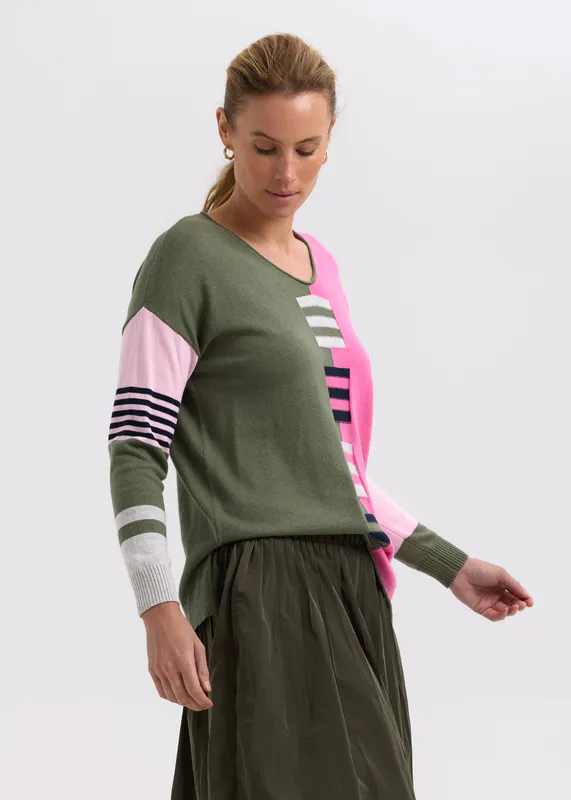Model wearing Khaki Ladder Stripe V Jumper By Zaket & Plover Available at Beetees Nelson
