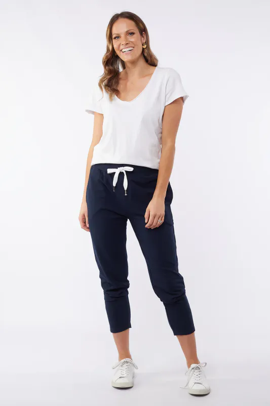 Model wearing Navy Coloured The Lobby Pant By Elm Available at Beetees Nelson