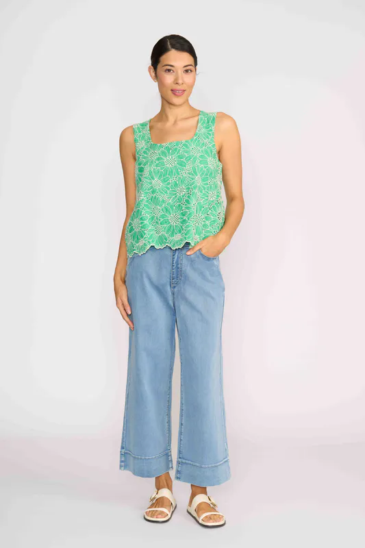 Model weearing Blue Wash Jean Queen Crop By Memo Available at Beetees Nelson