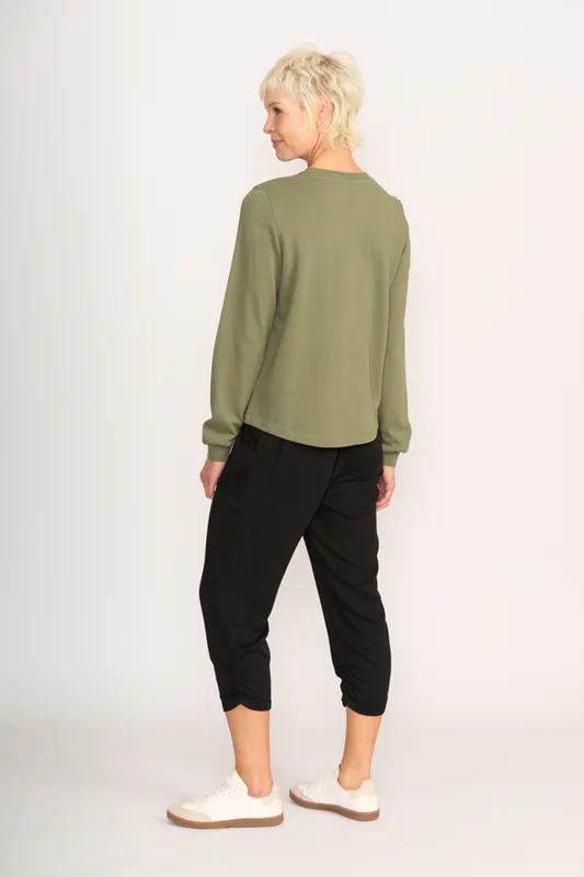 Model wearing Sage Flocked Floral Sweater - Wander By Memo Available at Beetees Nelson