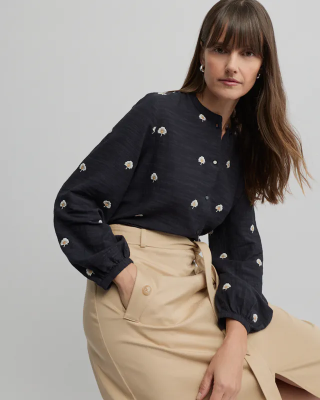 Model wearing Navy Queens Shirt By Yarra Trail Available at Beetees Nelson