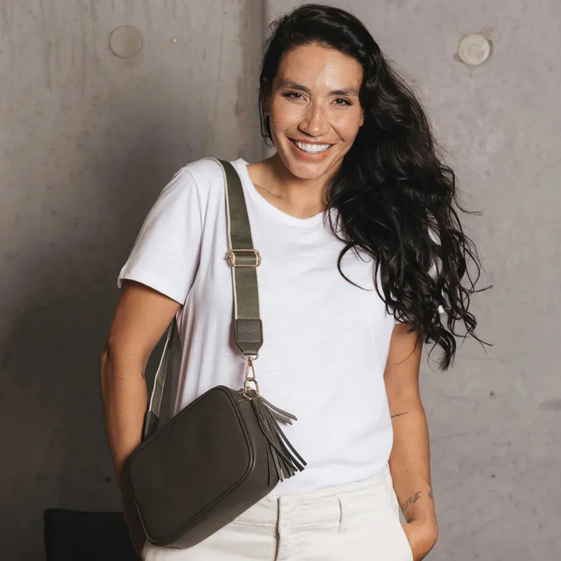 Model wearing Indie Dark Olive Crossbody Bag By Black Caviar Available at Beetees Nelson