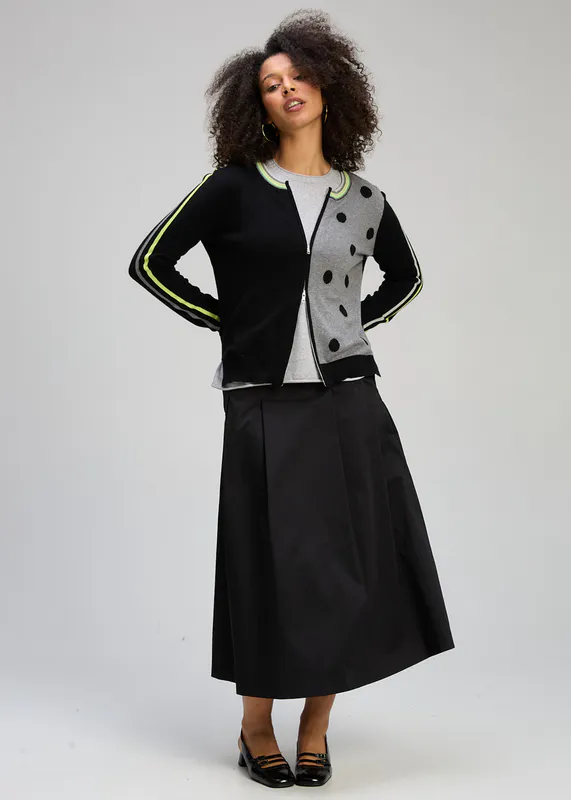 Model wearing Black Stripe Spot Zip Up Jumper By Zaket & Plover Available at Beetees Nelson