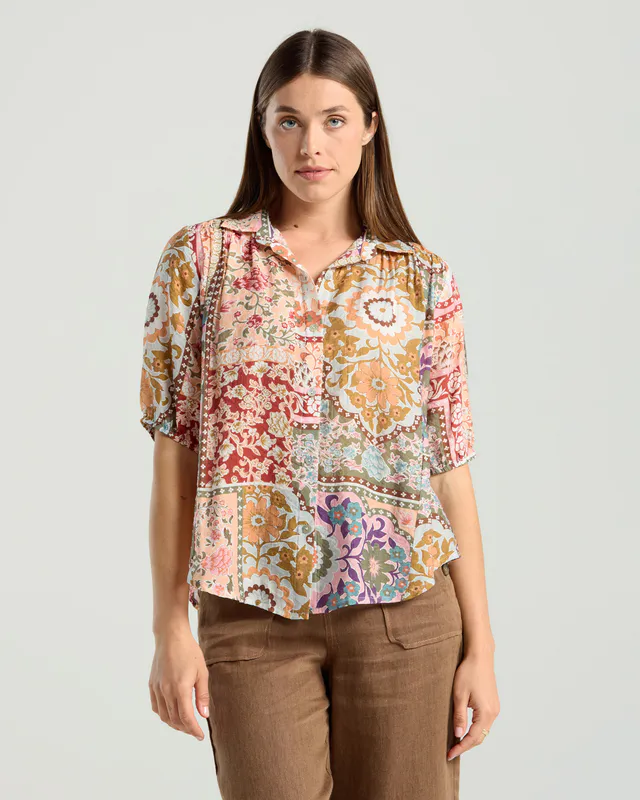 Model wearing Pink Multi Darrell Gathered Waist Top By Blackstone Available at Beetees Nelson