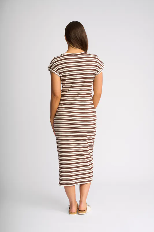 Model wearing Chocolate Parker Dress By Knewe Available at Beetees Nelson