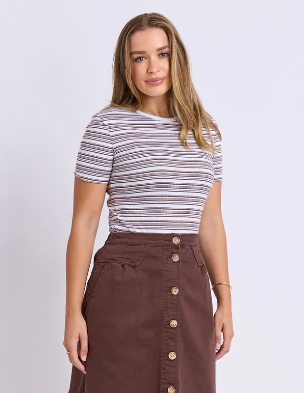 Model wearing Chocolate Leona Rib Top By Foxwood Available at Beetees Nelson