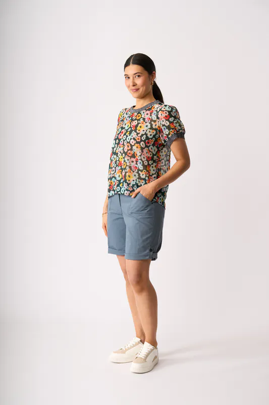 Model wearing Watercolour Floral Swing Rib Trim T-Shirt By Memo