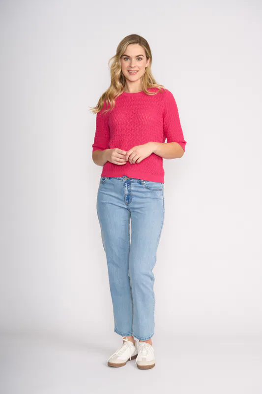 Model wearing Cerise Pointelle Knit T-Shirt By Oh Three Available at Beetees Nelson