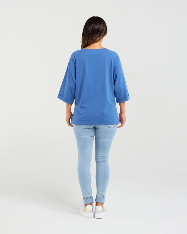 Model wearing Navy Kate T-Shirt By Zafina Available at Beetees Nelson