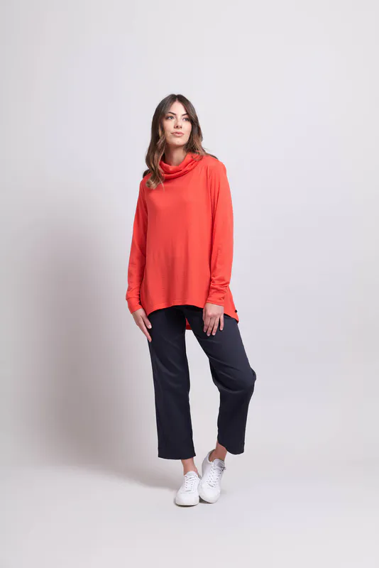 Model wearing Fire Coloured Top - Cowl, Swing By Foil Available at Beetees Nelson