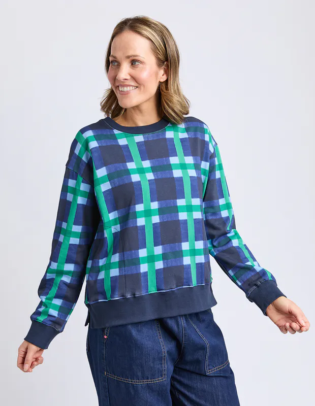 Model wearing Blue Check Bari Crew By Elm Available at Beetees Nelson