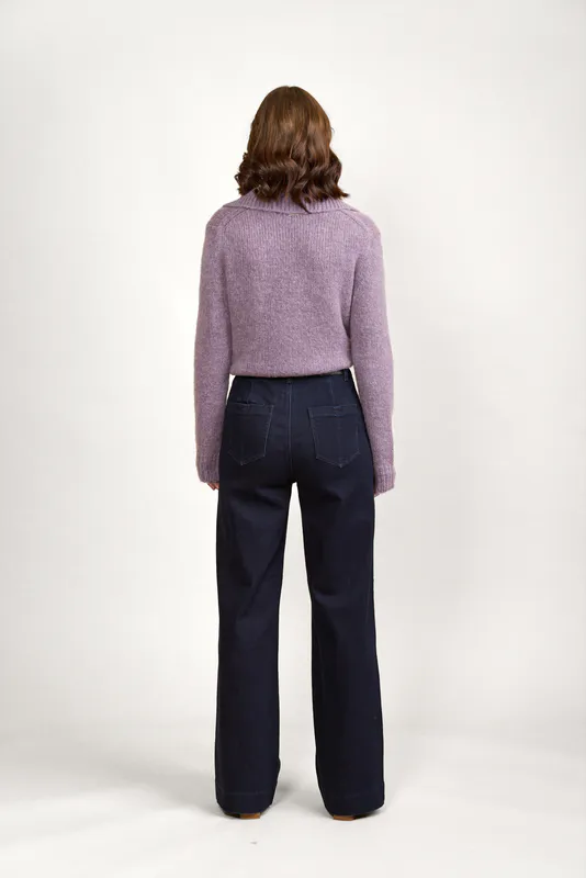 Model wearing Ink Denim Coloured Roxie Jean By Knewe Available at Beetees Nelson