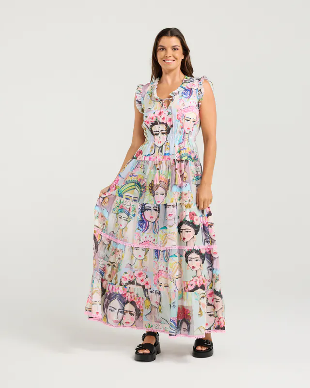 Model wearing Frida Print Sophia Dress By NMBR Rose Available at Beetees Nelson