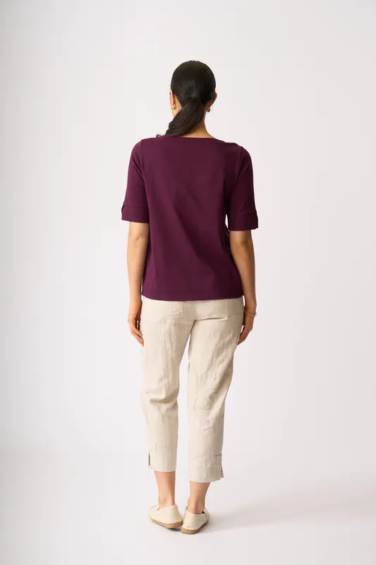 Model wearing Pinot V Neck Elbow Sleeve Top By Esplanade Available at Beetees Nelson