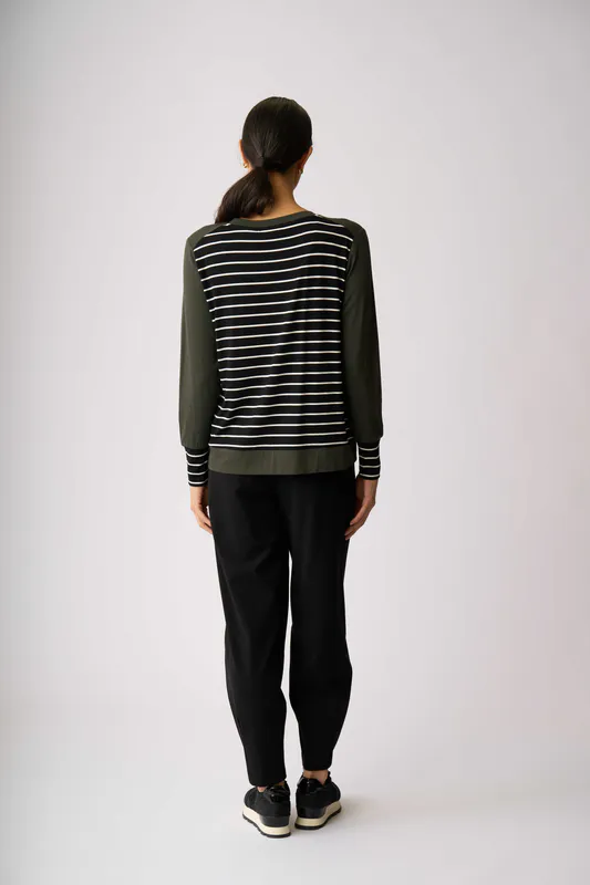 Model wearing Bird with Twig Stripe Cuff Top By Foil Available at Beetees Nelson