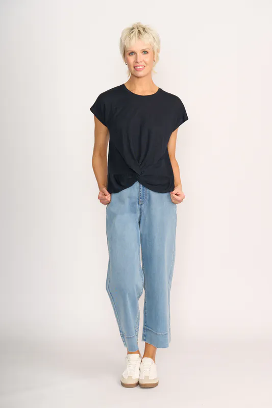 Model wearing True Navy Do The Twist Top By Foil Available at Beetees Nelson