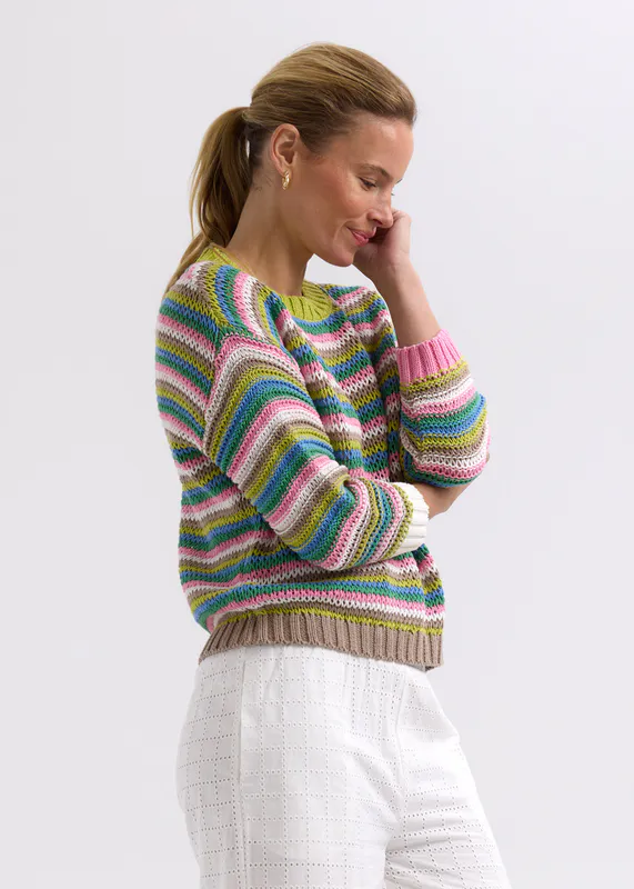 Model wearing Chartreuse Chunky Stripe Jumper By Zaket & Plover Available at Beetees Nelson
