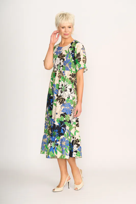 Model wearing Floral Delight Dress - Midi, Shirred Bodice By Foil Available at Beetees Nelson