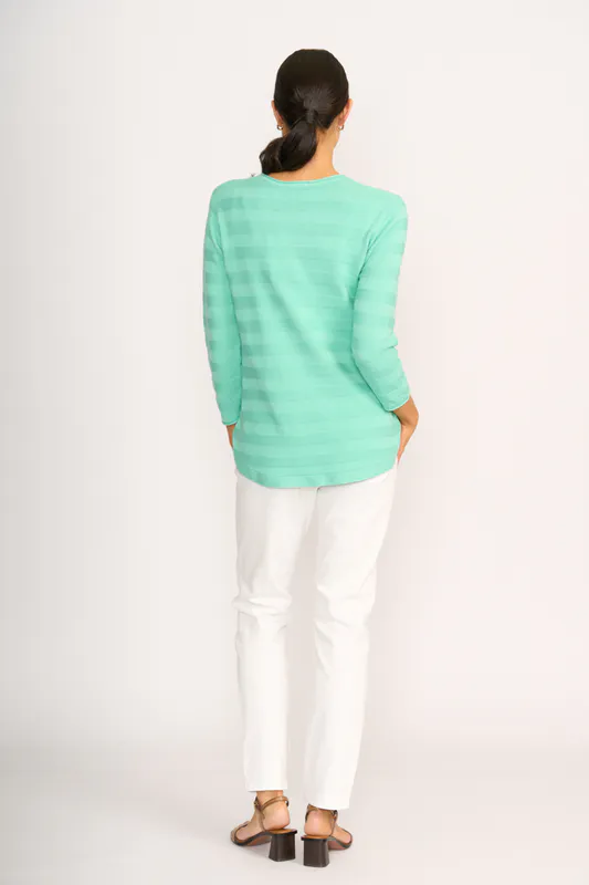 Model wearing Mint Jumper - Stripe Scoop By Foil Available at Beetees Nelson