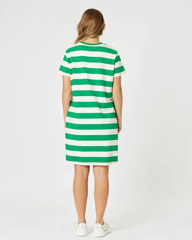 Model wearing Green/White Heart Stripe Dress By Threadz Available at Beetees Nelson