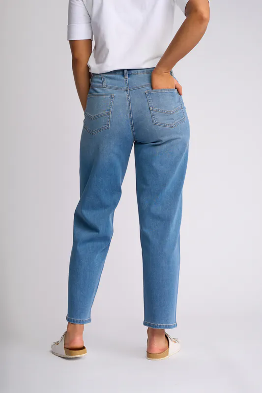 Model wearing Vintage Denim Apollo Jean By Vassalli Available at Beetees Nelson