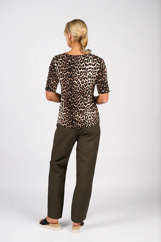 Model wearing Leopard 3/4 Sleeve Round Neck Knit Top By Vassalli Available at Beetees Nelson