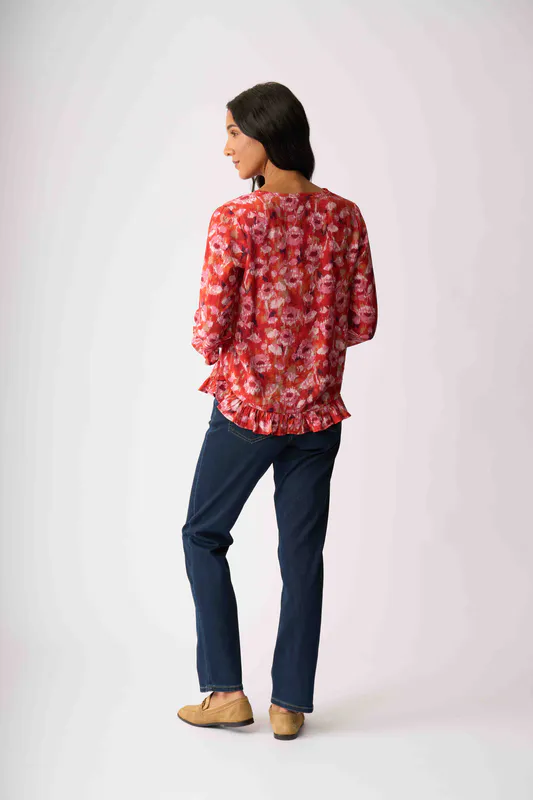 Model wearing Winter Blooms Gathered Scoop Hem Top By Preen Available at Beetees Nelson