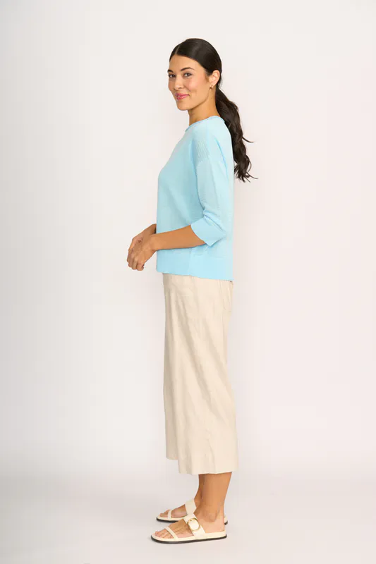 Model wearing Stone Trousers - Wide Leg, Mid Length By Oh Three Available at Beetees Nelson