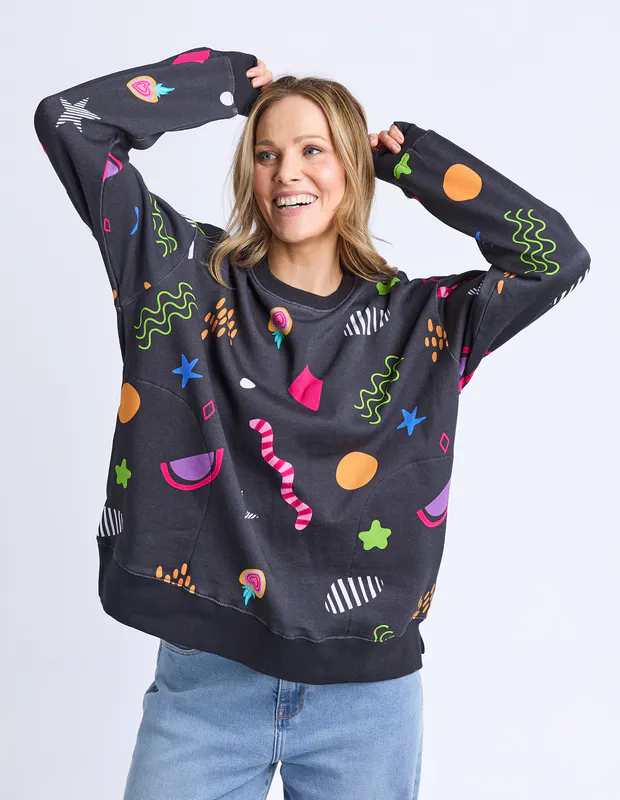 Model wearing Midnight Licorice Galaxy Crew By Elm Available at Beetees Nelson