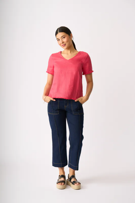 Model wearing Coral Benefits Galore Top By Foil Available at Beetees Nelson
