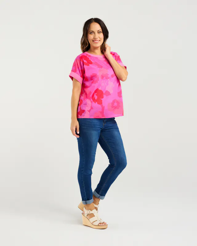 Model wearing Fushia Burst Olivia Top By Zafina Available at Beetees Nelson