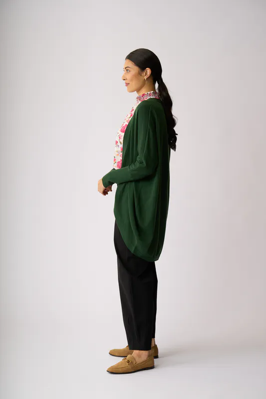 Model wearing Pine Open Front Midi Cardigan By Foil Available at Beetees Nelson