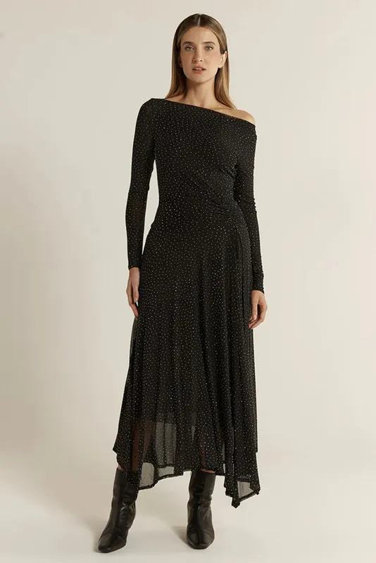 Model wearing Black Sora Studded Dress By Fate & Becker Available at Beetees Nelson
