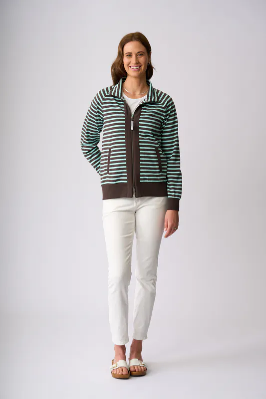 Model wearing Chocolate Seabreeze Stripe Featherson Zip Sweater By Charlie Jane Available at Beetees Nelson