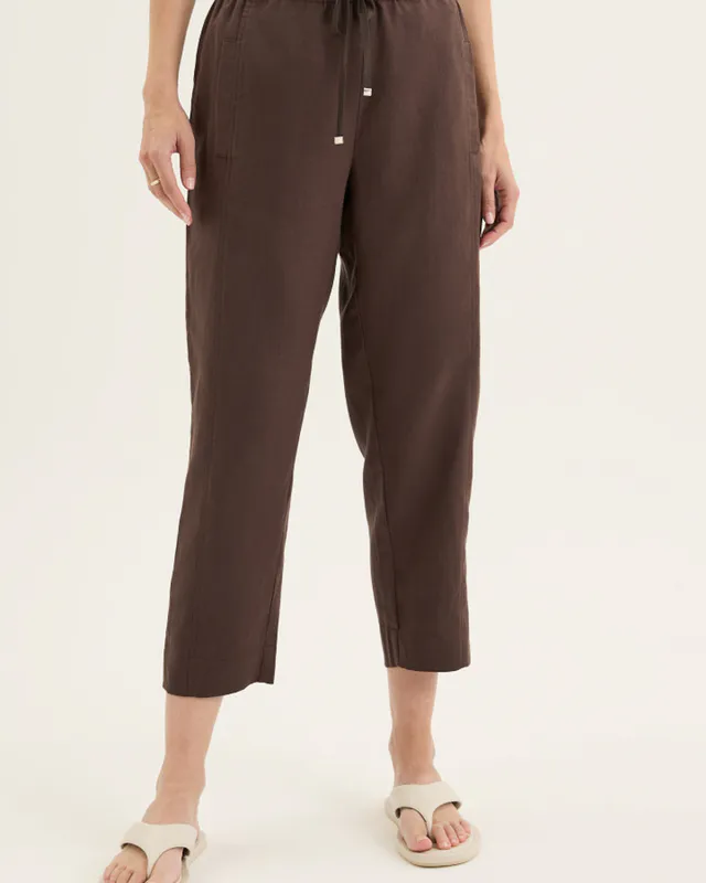 Model wearing Espresso Tirari Slim Pant By Yarra Trail Available at Beetees Nelson